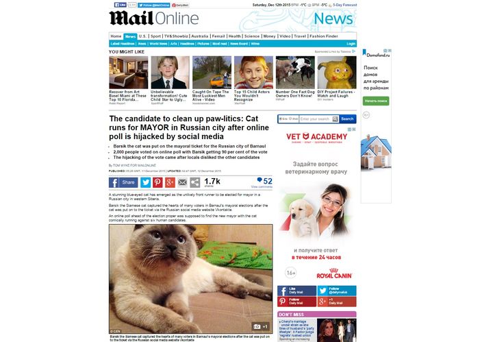 The Daily Mail написало про кота Барсика на 