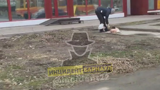 Мужчина рубит мясо на улице / Фото: "Инцидент Барнаул"