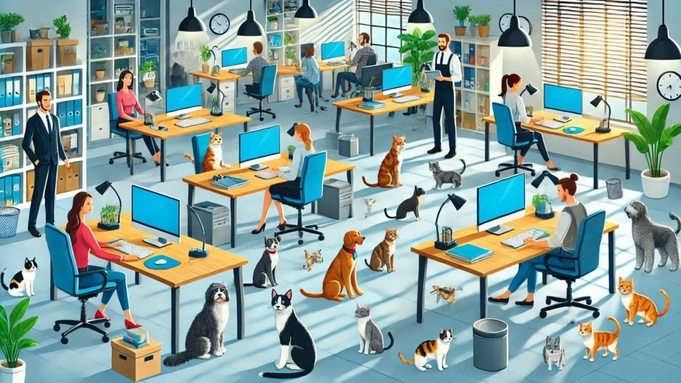Питомцы на работе / Изображение сгенерировано с помощью нейросети DALL-E