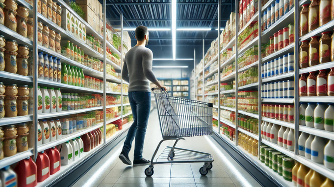 Покупатель в продуктовом магазине / Изображение сгенерировано нейросетью Dall-E