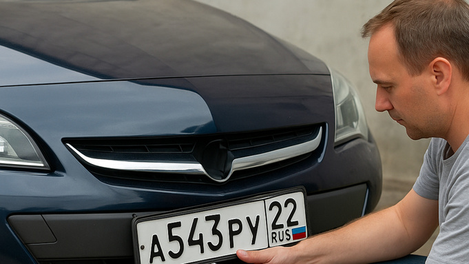 Мужчина прикручивает госномер / Изображение сгенерировано нейросетью DALL-E