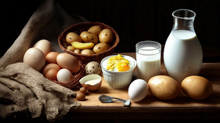 Яйца, картофель и молоко / Изображение сгенерировано ИИ FusionBrain.AI от Sber AI / amic.ru