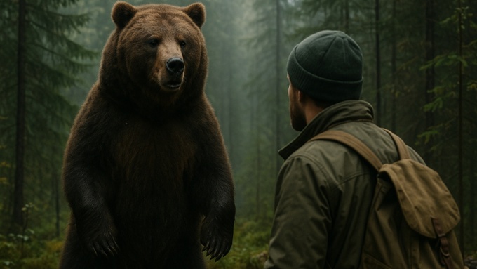 Медведь встречает человека в лесу / Изображение сгенерировано ИИ ChatGPT / amic.ru