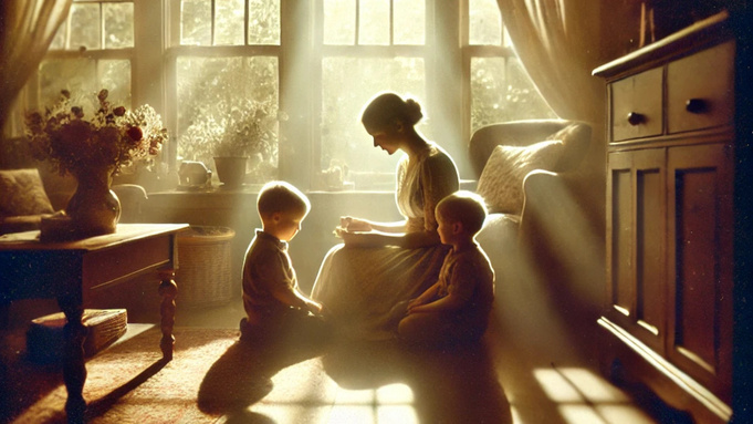 Мама с детьми / 
Изображение сгенерировано нейросетью DALL-E / amic.ru