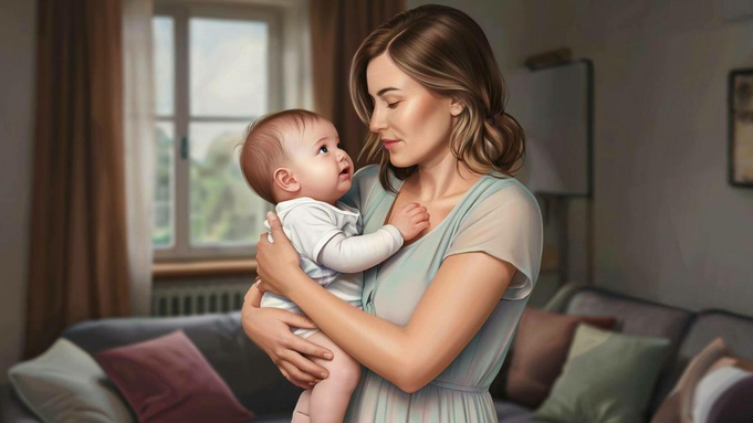 Мама с ребенком на руках / Изображение сгенерировано нейросетью GigaChat / amic.ru