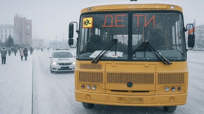 Автомобиль Госавтоинспекции сопровождает школьные автобусы / Изображение сгенерировано нейросетью