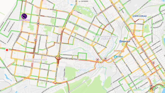 Десятибалльные пробки в Барнауле / Скриншот с "Яндекс Карт"