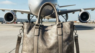 Сумка с багажом на фоне самолета / Фото: создано в нейросети 