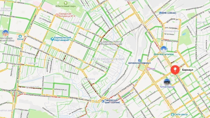 Восьмибалльные пробки в Барнауле / Скриншот с "Яндекс Карт"