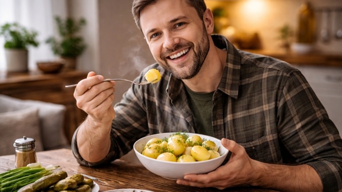 Картошка / Ест картошку / Изображение сгенерировано ИИ ChatGPT / amic.ru