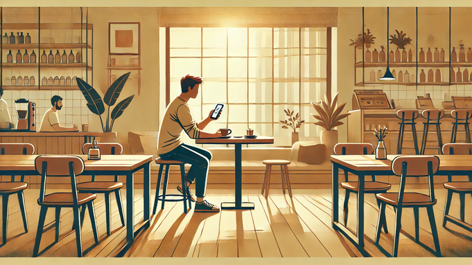 Кафе. Мужчина со смартфоном / Изображение сгенерировано FusionBrain.AI / amic.ru 