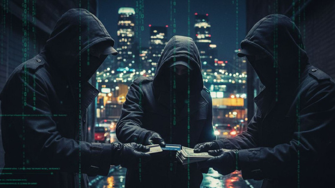 Мошенники с банковскими картами, группа подозрительных людей в тёмной одежде /  Изображение сгенерировано ИИ Mira на базе Chat GPT-5 / amic.ru