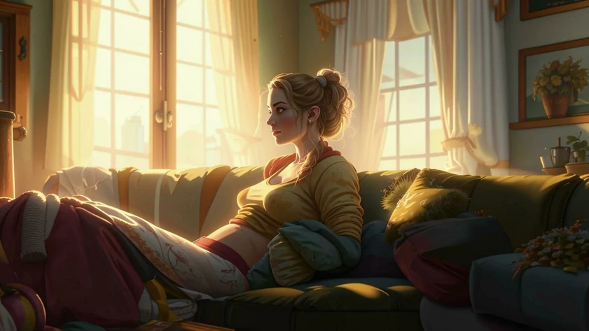 Женщина лежит на диване / Изображение сгенерировано FusionBrain.AI от Sber AI / amic.ru