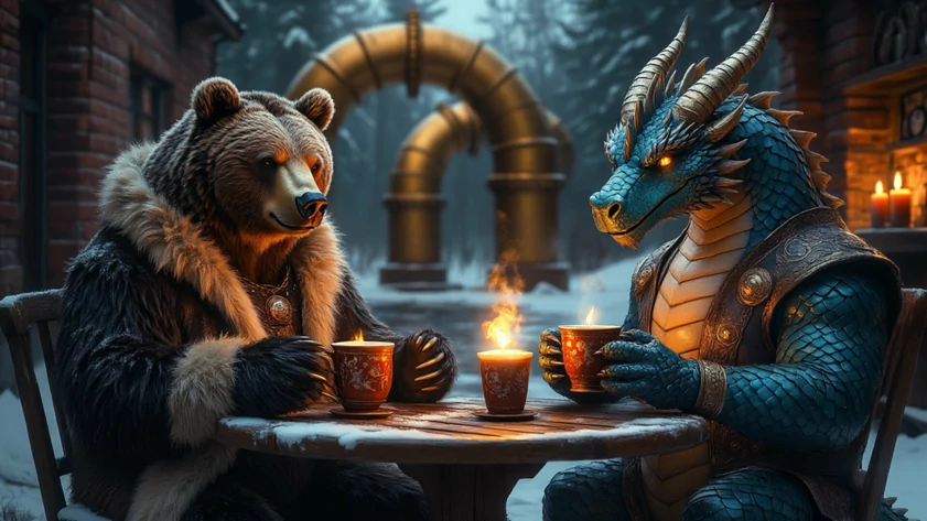 Медведь и дракон пьют чай / Изображение сгенерировано YandexGPT 5 Pro / amic.ru