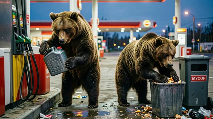 Медведи на АЗС / Изображение сгенерировано нейросетью Алиса AI / amic.ru