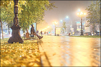 13 октябрь 2020 г., Барнаул   Желтый лоск ночного проспекта. Краски вечернего Барнаула в осенний дождь