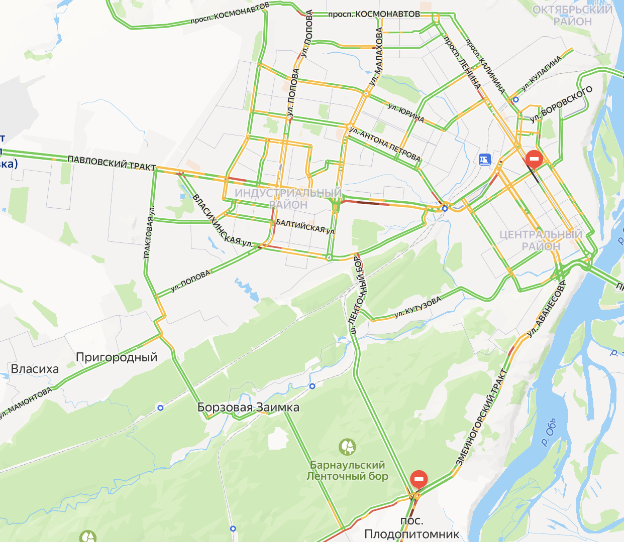 Пробки в Барнауле утром 30 июня / "Яндекс Карты"