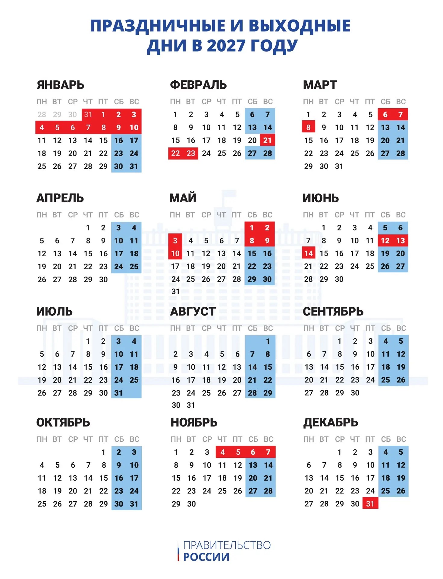 Календарь рабочих и выходных дней в 2027 году / Фото: сайт правительства РФ